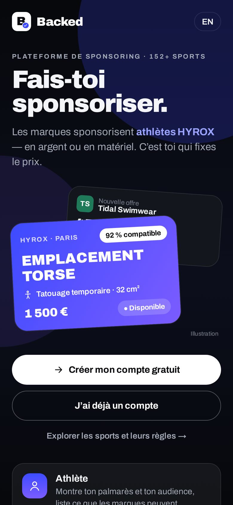 Écran d’accueil de l’application Backed : « Fais-toi sponsoriser »